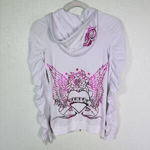 Sinful Hoodie Jacket Womens XS Angel Wing Heart Rose Metallic Pink Graphic Y2K